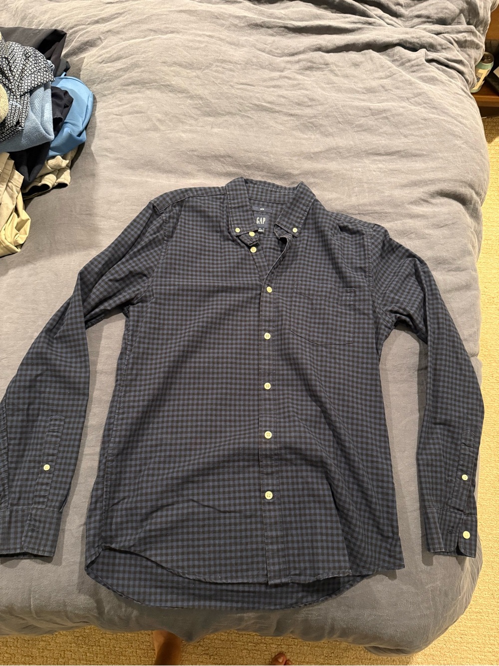 GAP Men’s Navy and Black Small Check Button-Down Shirt
